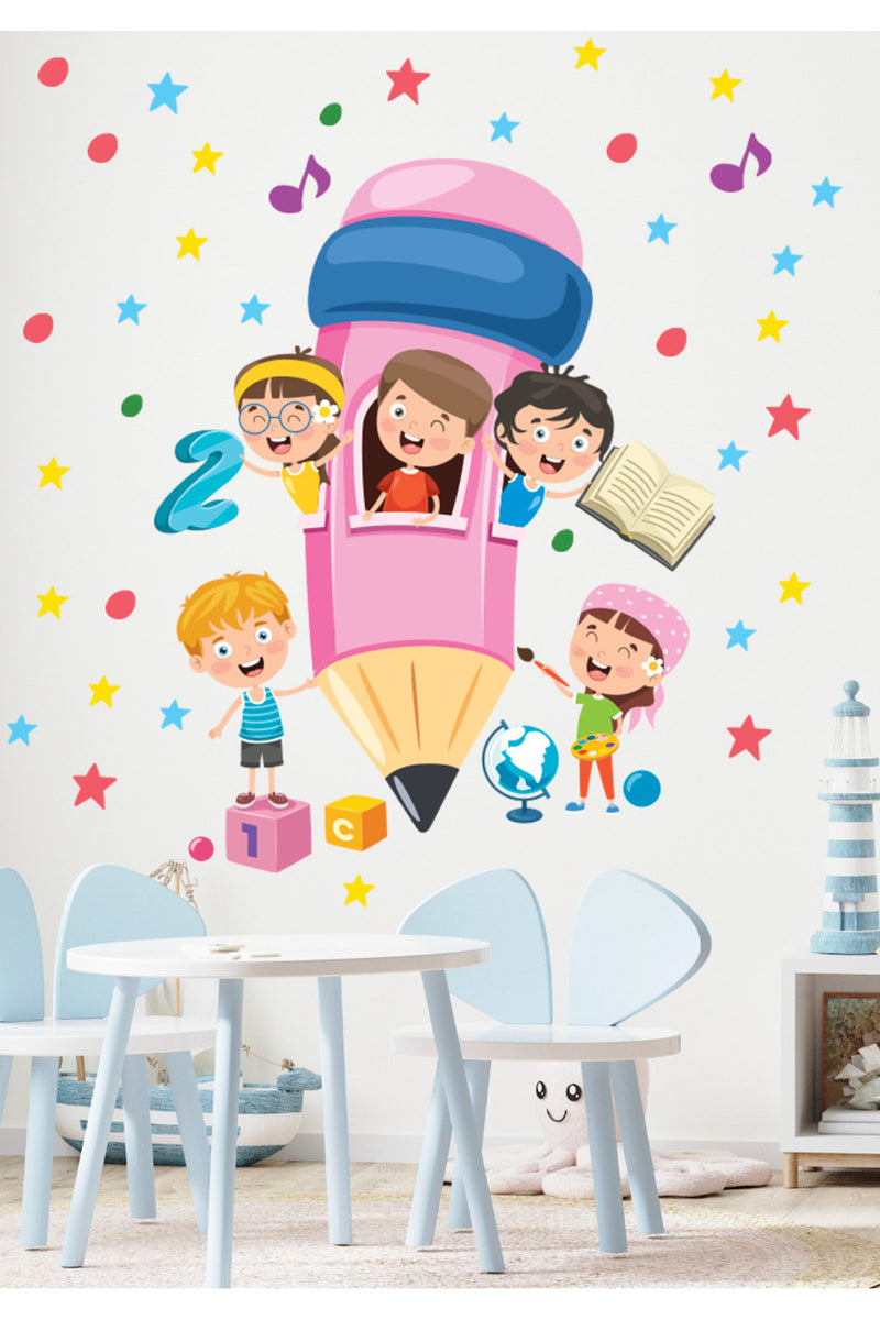 Dev Pembe Kalem Okula Dönüş Anaokulu Kreş Duvar Süsleme Sticker