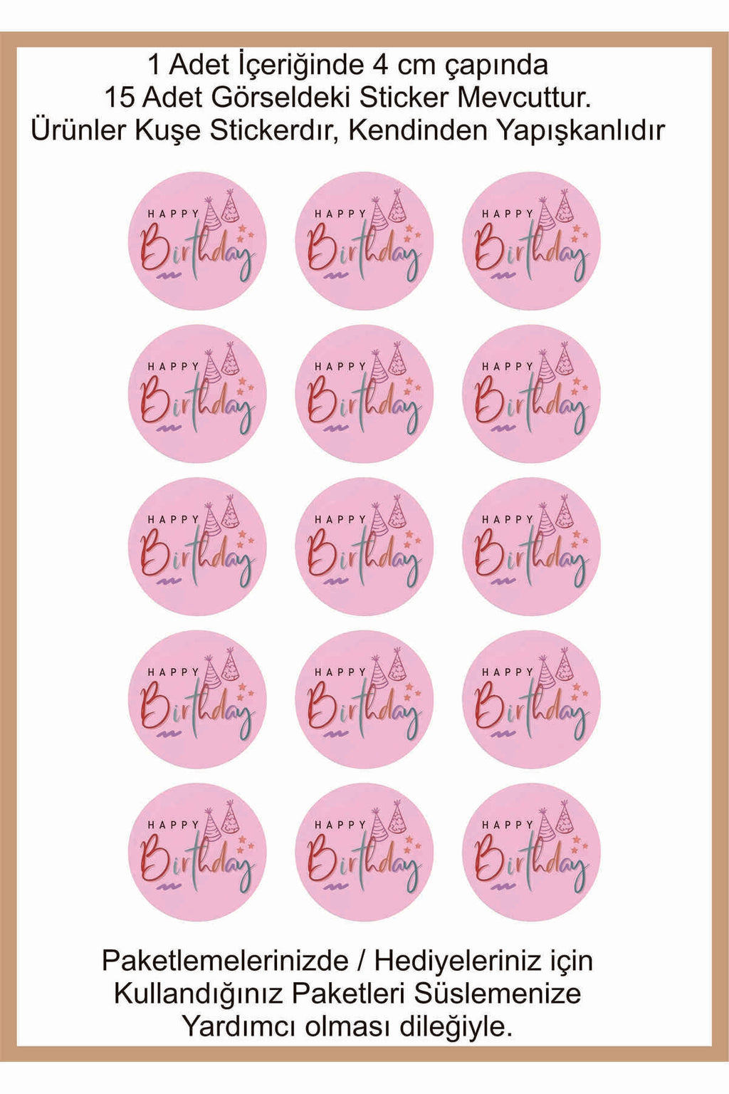 Doğum Günü tebrik sticker seti, 4x4 cm 15 adet Etiket seti