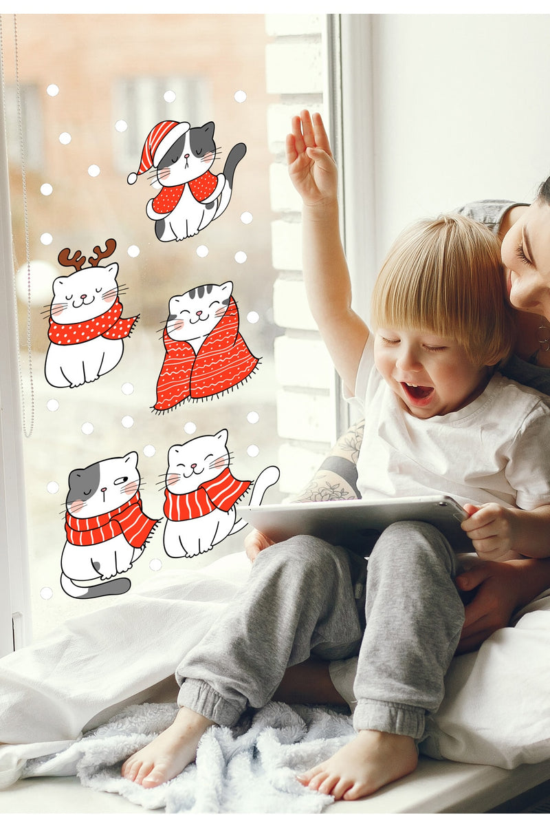 Yeniyıl Kedileri Yılbaşı New Year - Süsleme Cam Duvar Sticker