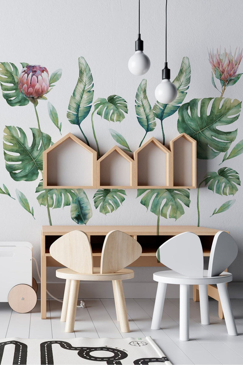 Soft Renk Tropikal Yapraklar Monstera Modern Dekorasyon Dekoratif Duvar Sticker