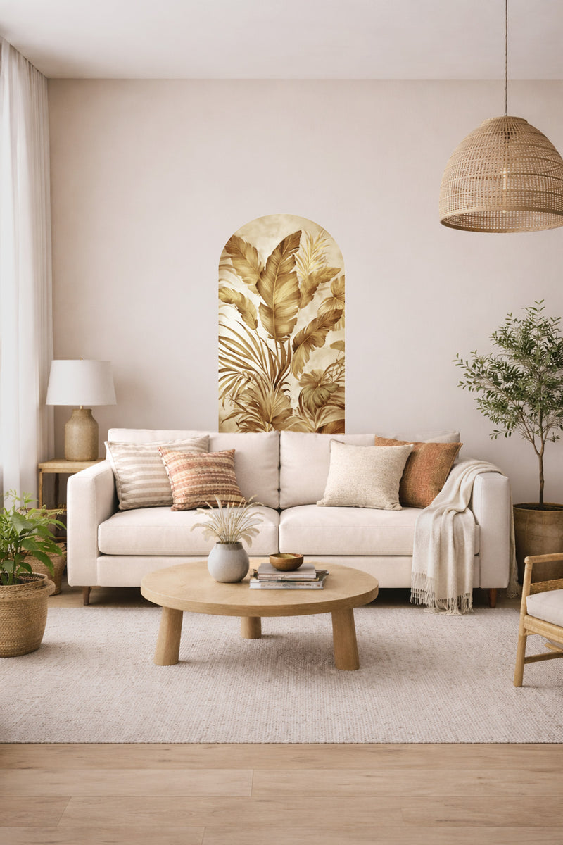 Soft Renk Oval Tropikal Yapraklar Arch Duvar Sticker Seti