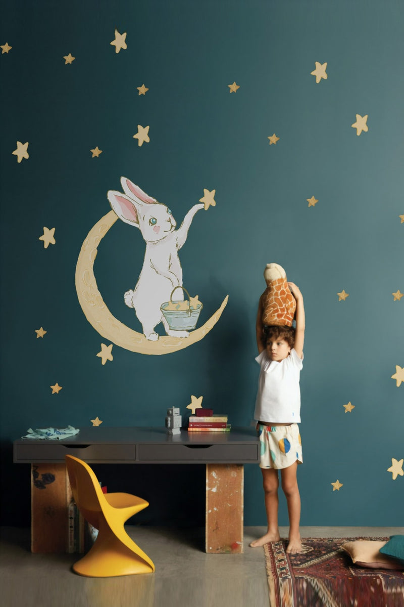 Sarı Ay Üzerinde Sevimli Tavşan Ve Yıldızlar Çocuk Odası Duvar Sticker Seti