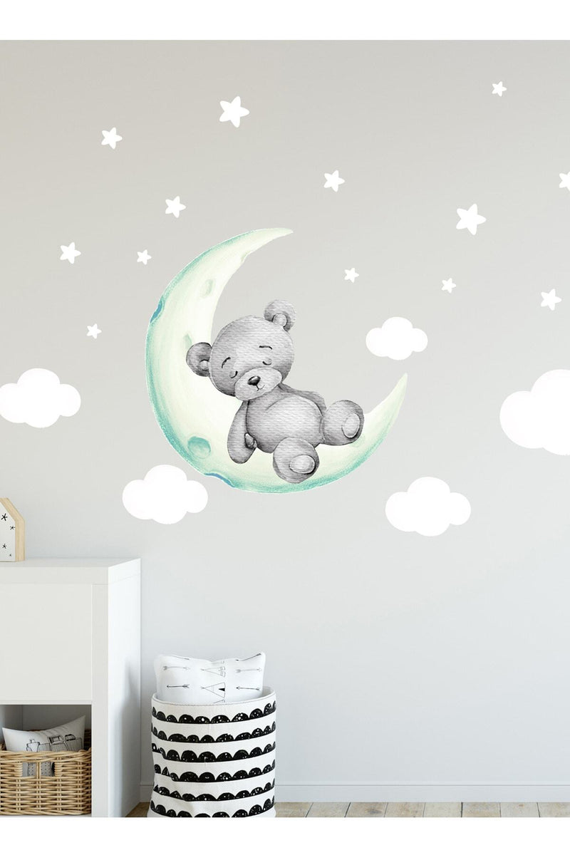 Sevimli Gri Uykucu Ayıcık Duvar Sticker Seti Renkli