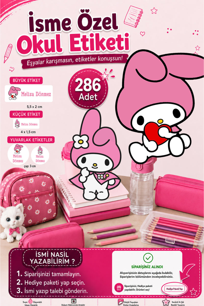 My Melodi Pembe Okul Etiketi Kalem Defter Etiketi Özel İsim Yazılabilen Etiket 286 Adet İsim Etiketi