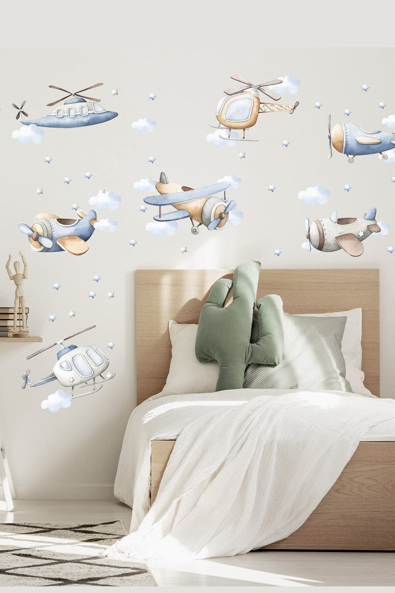 Sm304 Bebek Mavisi Soft Renk Uçaklar Duvar Sticker Seti