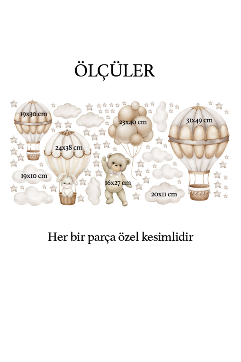 Soft Kahverengi Bej Tonlarda Uçan Balon Macerası Çocuk Odası Duvar Sticker Seti