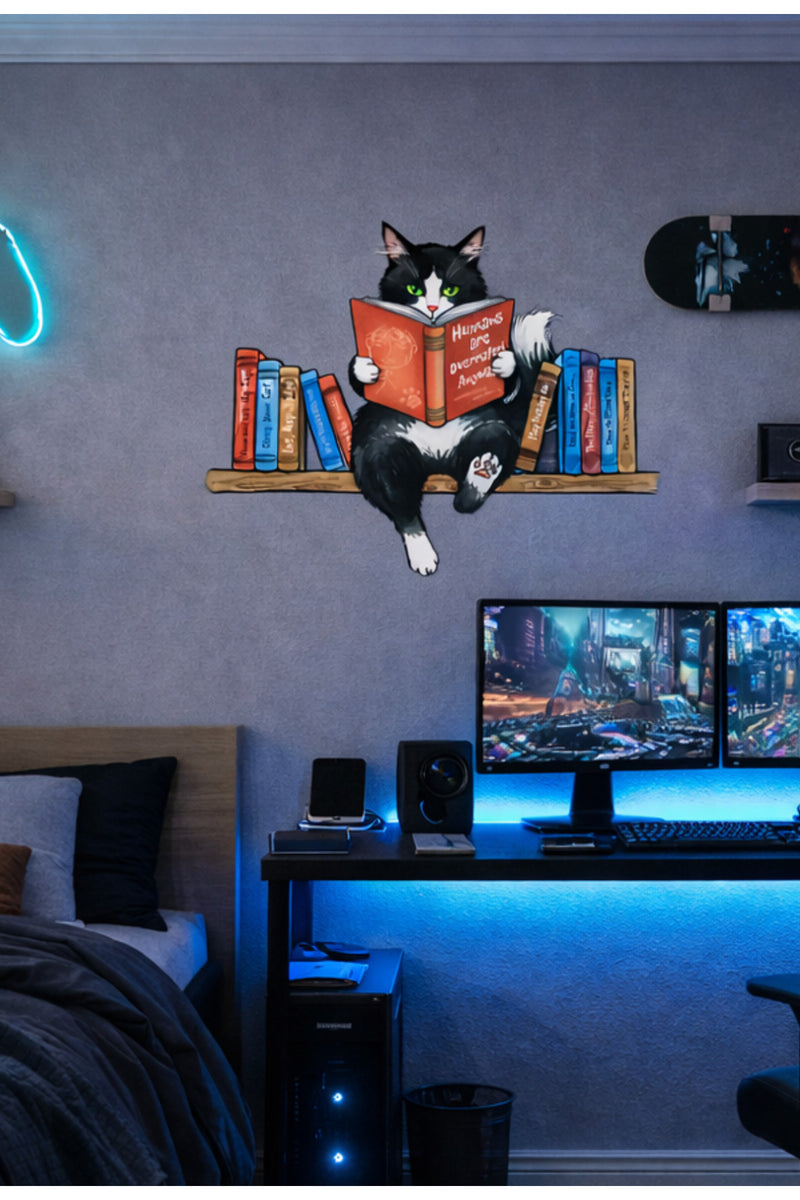 Rafta Kitap Okuyan Kara Kedi Dekoratif Duvar Sticker