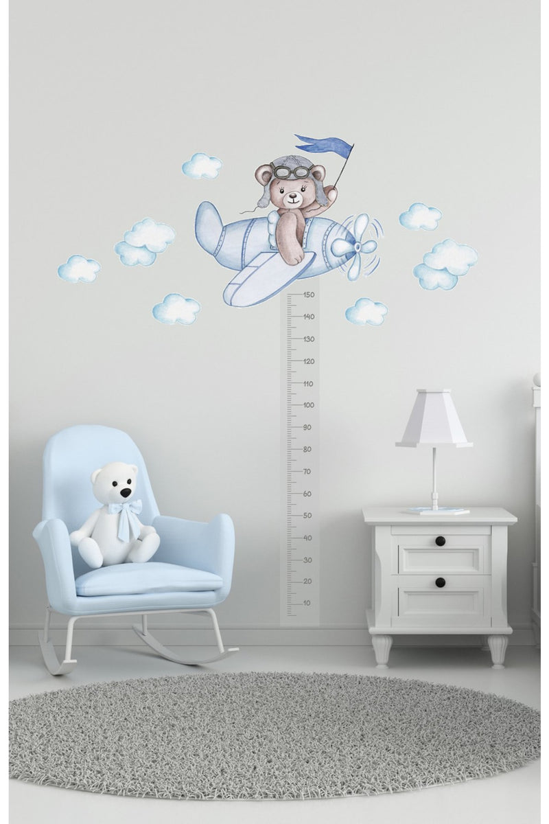 - Sim138 - Boy Ölçer Üç Kafadar Pilot Ayı Duvar Sticker Set Renkli