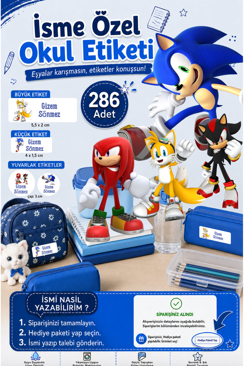 Sonic Okul Etiketi Kalem Defter Etiketi Özel İsim Yazılabilen Etiket 286 Adet İsim Etiketi