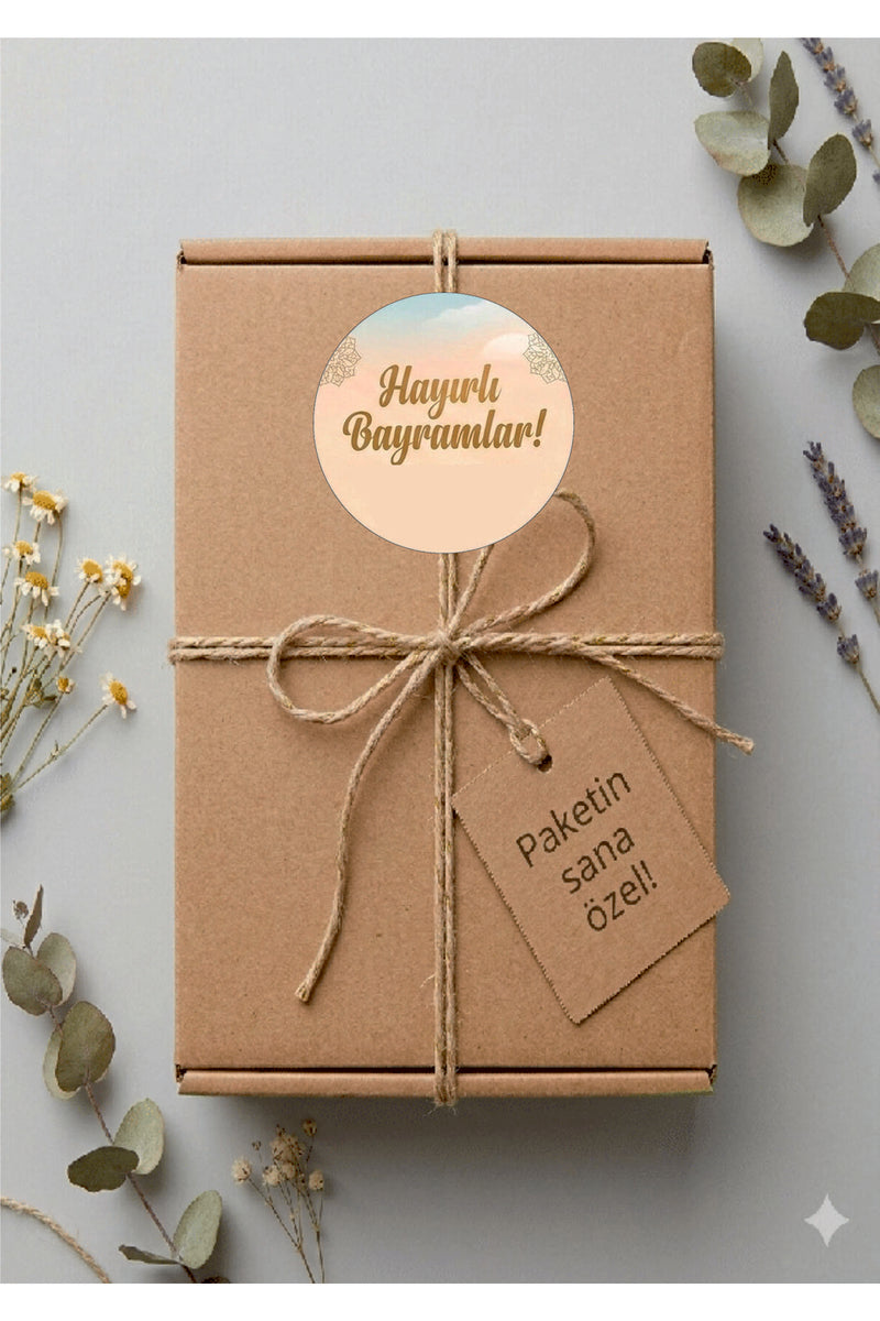 Hayırlı Bayramlar yazılı, Paketleme Kutularına Özel Tasarım Etiketler 4 cm Çapında 15 Adet Etiket