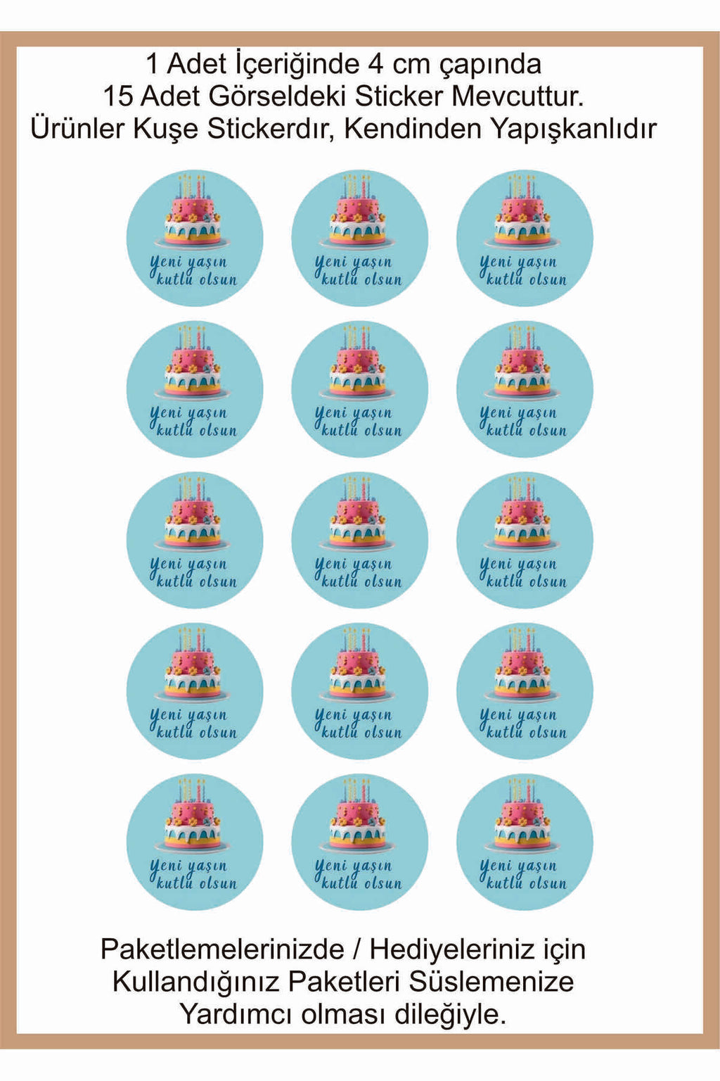 Doğum Günü tebrik sticker seti, 4x4 cm 15 adet Etiket seti