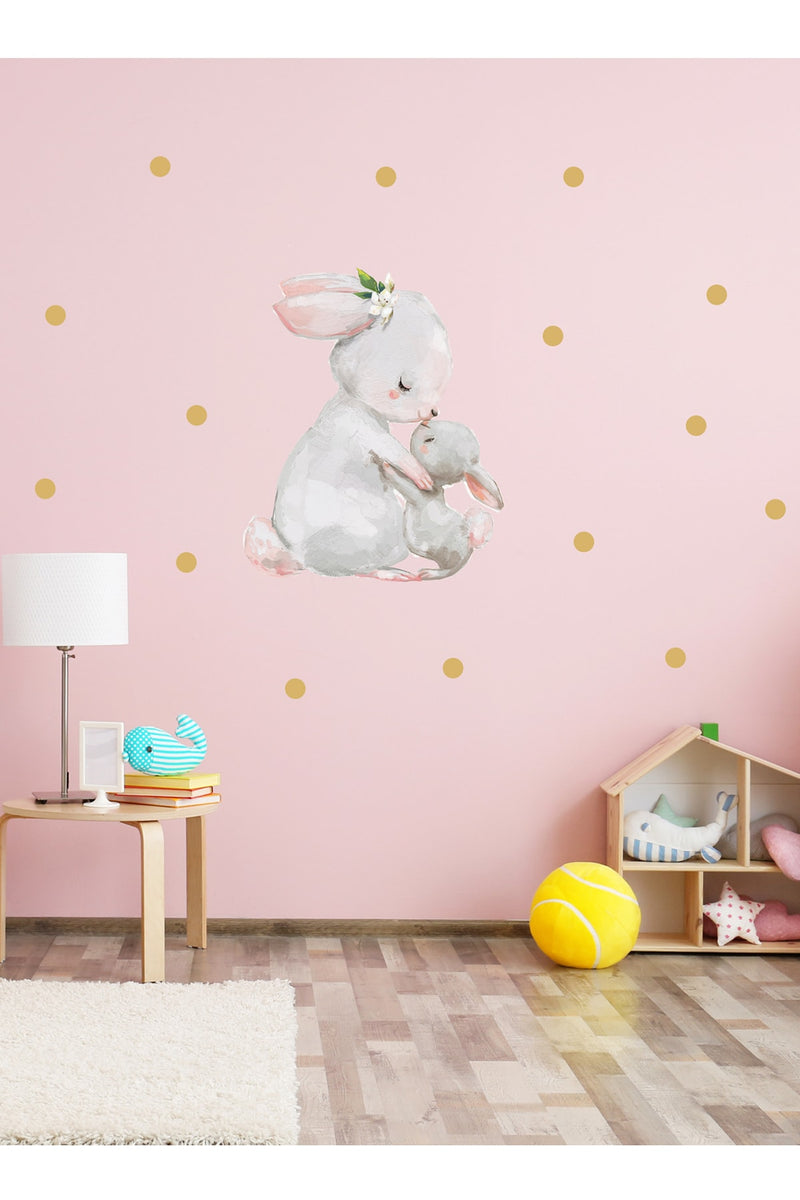 Annesi Yavrusu Tavşanlar Puantiyeli Duvar Sticker Seti