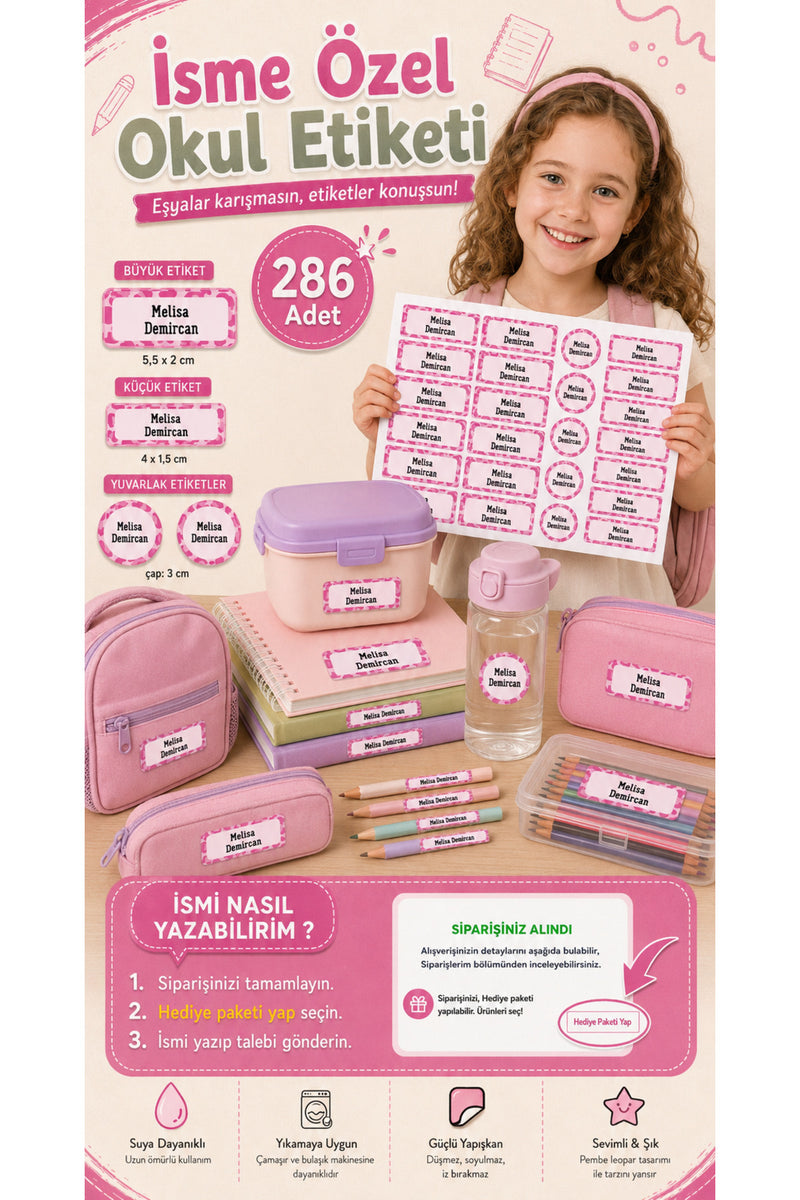 Okul Etiketi Pembe Desenli Kalem Defter Etiketi Özel İsim Yazılabilen Etiket 286 Adet İsim Etiketi