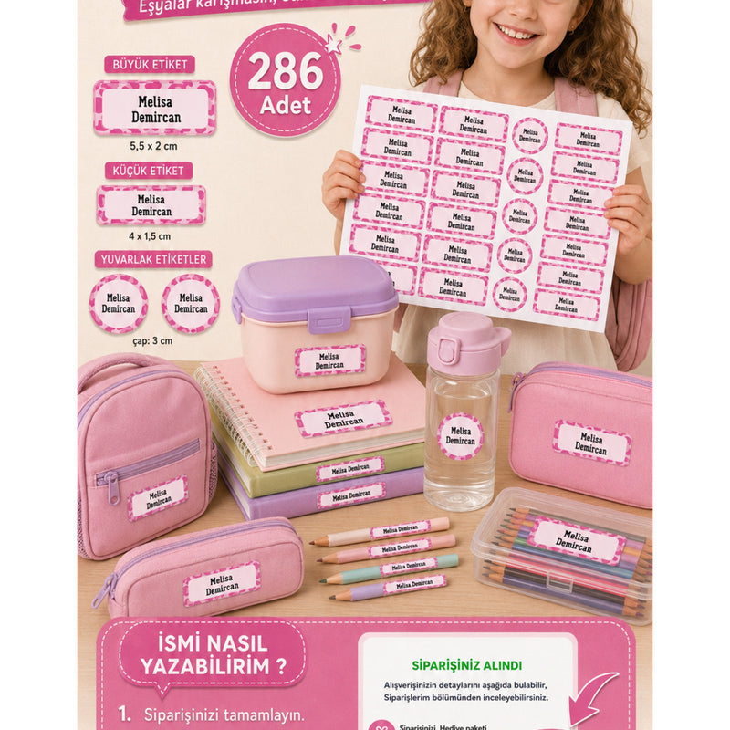 Okul Etiketi Pembe Desenli Kalem Defter Etiketi Özel İsim Yazılabilen Etiket 286 Adet İsim Etiketi
