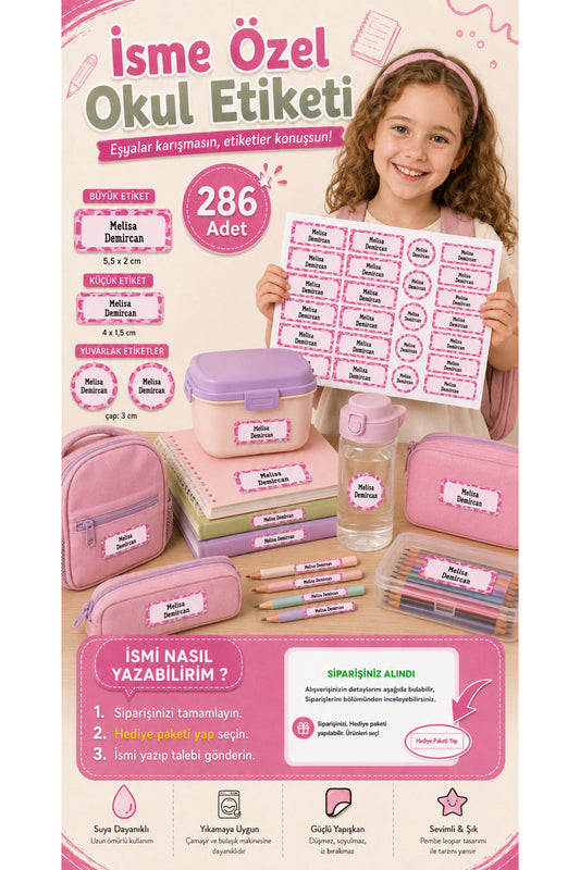 School Label Pink Patterned Pen Notebook Label Customizable Name Label 286 Pieces Name Label
