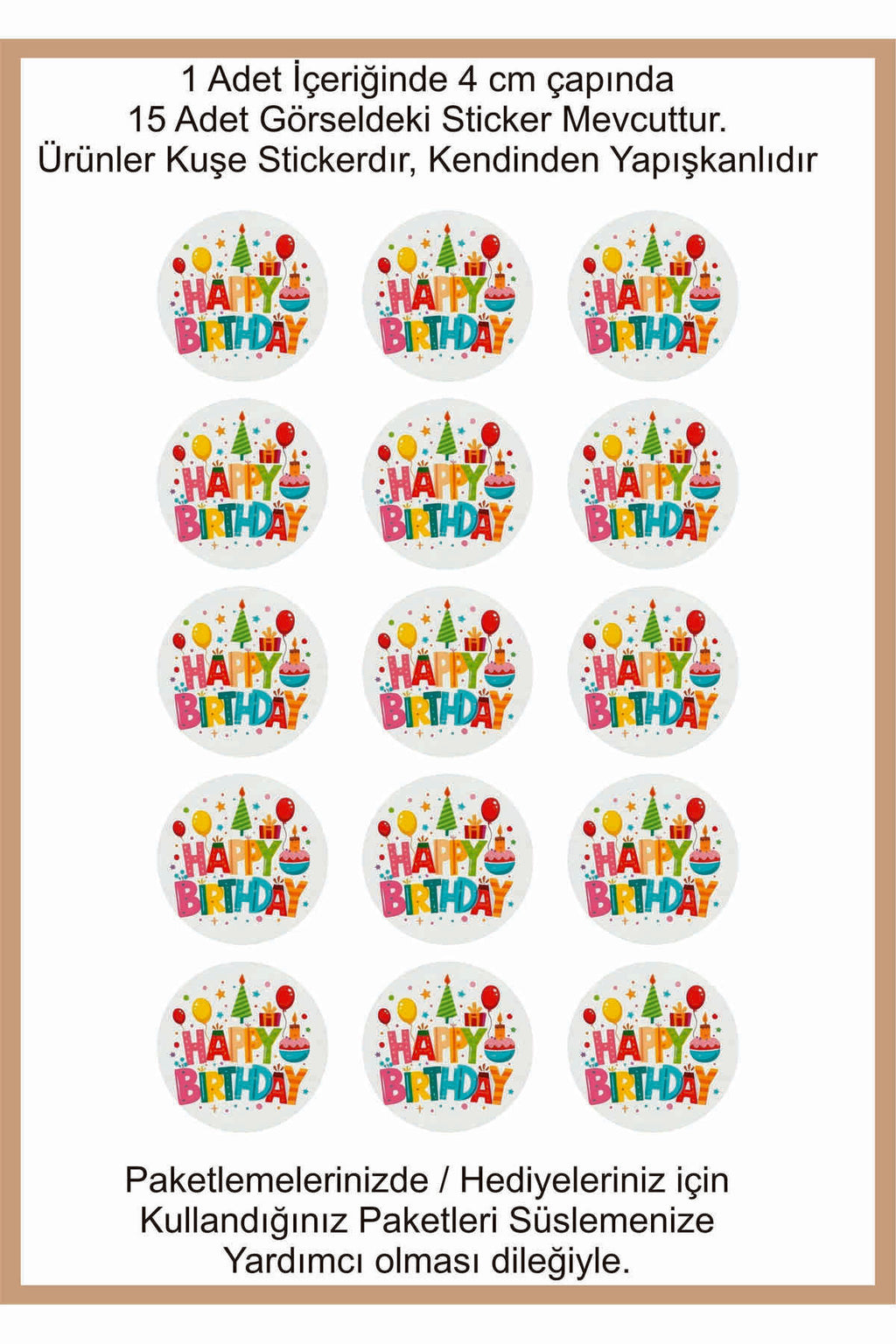 Doğum Günü tebrik sticker seti, 4x4 cm 15 adet Etiket seti