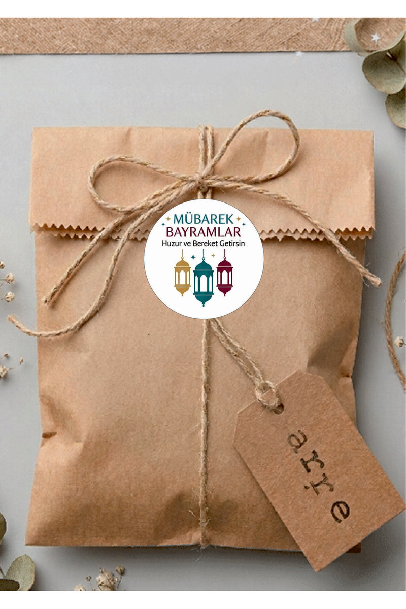 Mübarek Bayramlar yazılı, Paketleme Kutularına Özel Tasarım Etiketler 4 cm Çapında 15 Adet Etiket