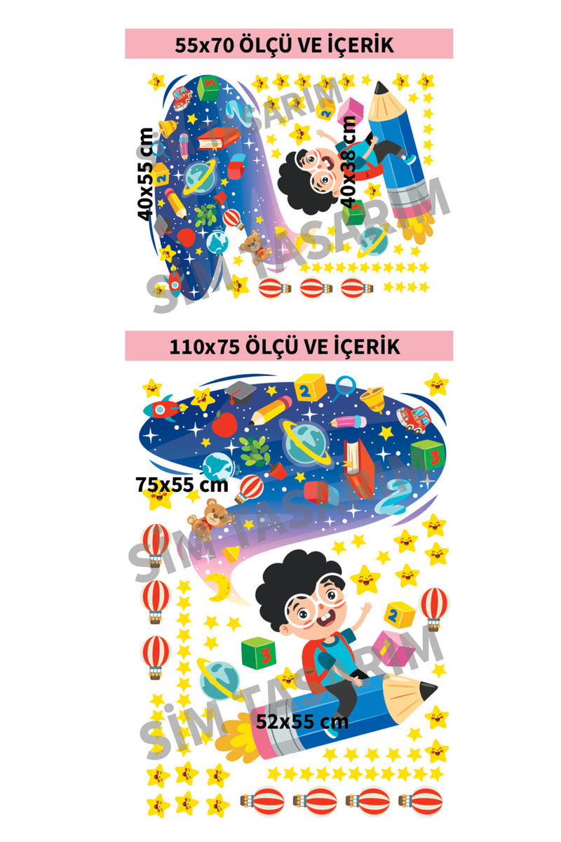Kalem Uzay-Roket Okula Dönüş Anaokulu Kreş Okul Çocuk Odası Duvar Kapı Sticker