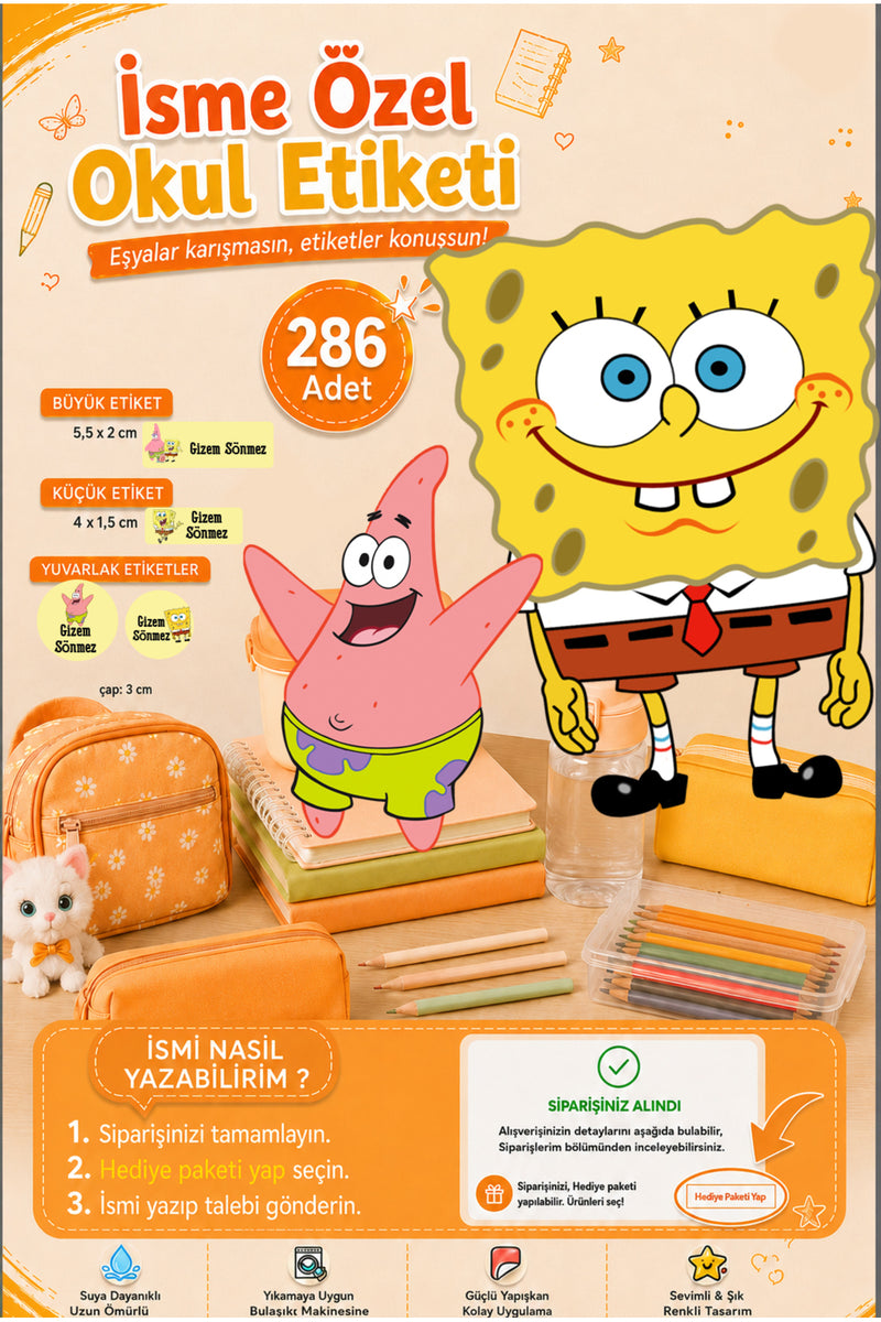 Sünger Bob Okul Etiketi Kalem Defter Etiketi Özel İsim Yazılabilen Etiket 286 Adet İsim Etiketi