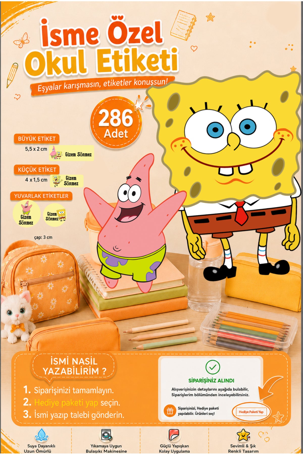 Sünger Bob Okul Etiketi Kalem Defter Etiketi Özel İsim Yazılabilen Etiket 286 Adet İsim Etiketi