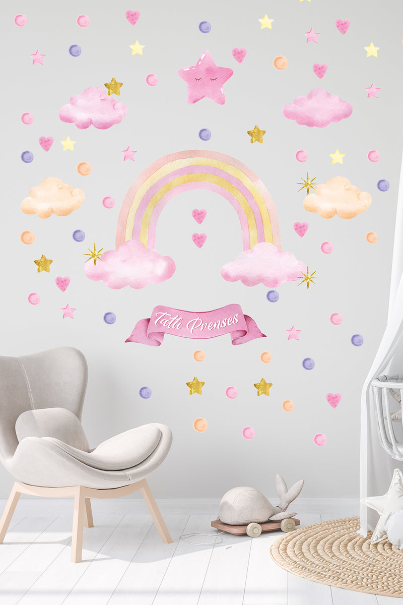 - Pembe Gökkuşağı Tatlı Prenses Yıldızlar Kalpler Çocuk Odası Duvar Sticker Seti