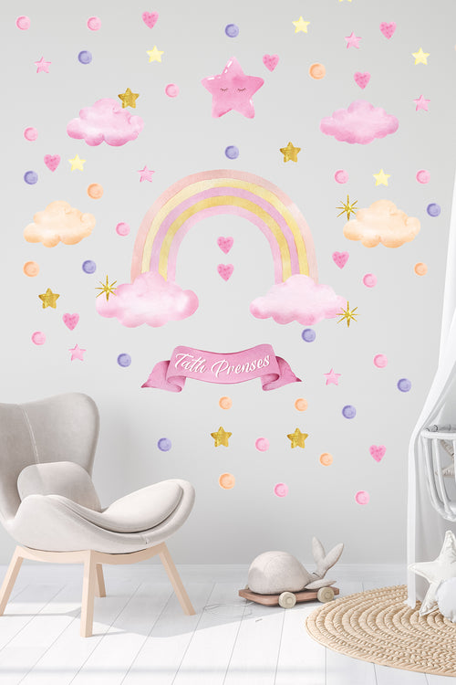 - Pembe Gökkuşağı Tatlı Prenses Yıldızlar Kalpler Çocuk Odası Duvar Sticker Seti