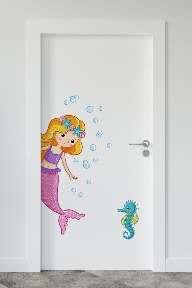 Deniz Kızı Ve Deniz Atı Çocuk Odası Sağ Yön Kapı Duvar Sticker Seti - Sim657