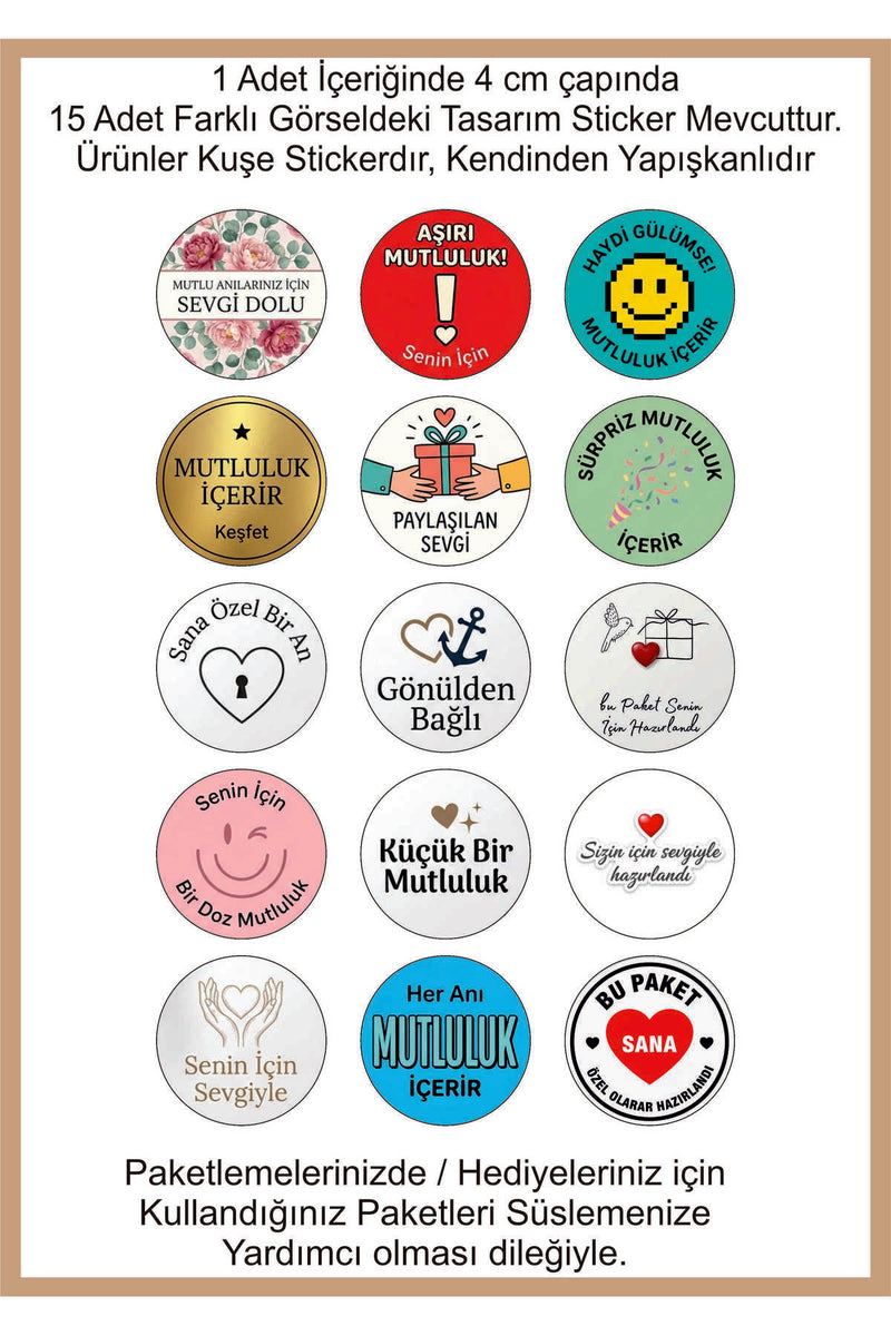 Paketlemeye özel 60 adet sticker, 15 farklı model karışık olarak