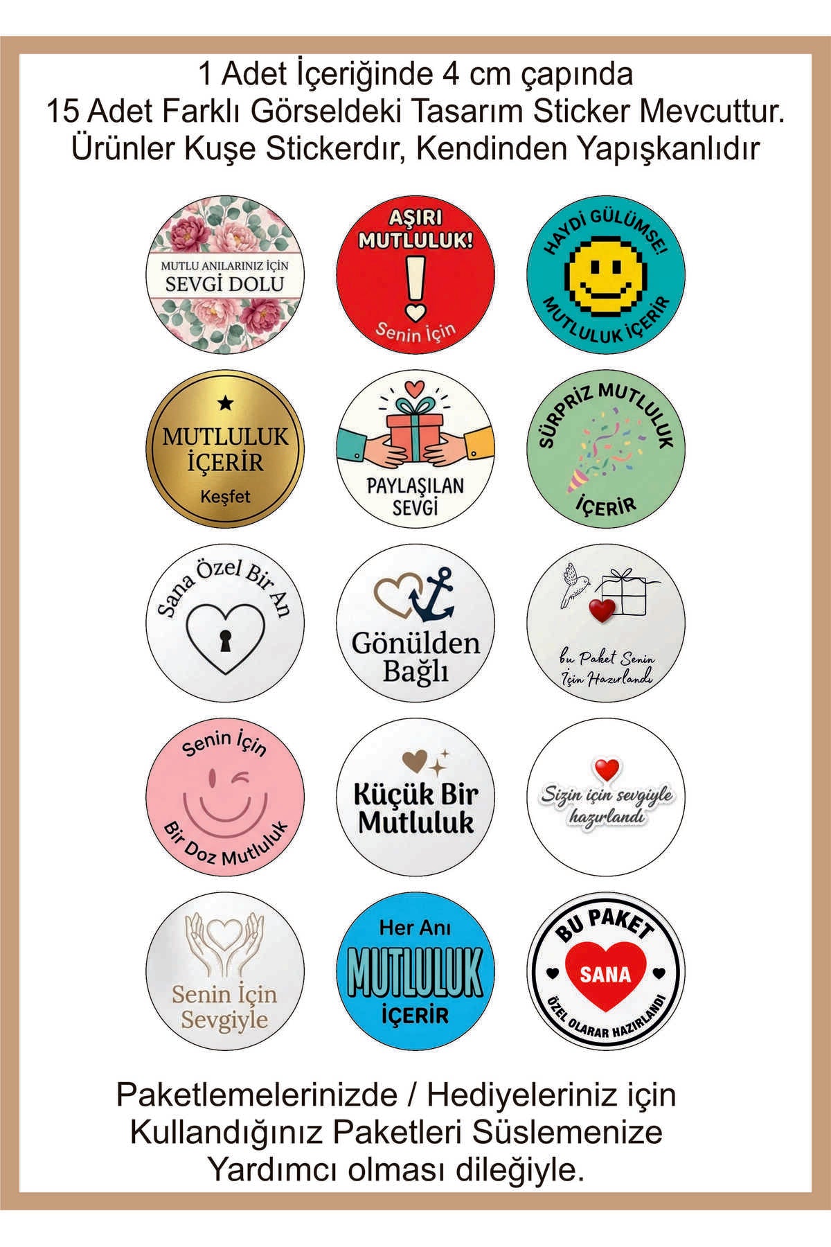 Paketlemeye özel 60 adet sticker, 15 farklı model karışık olarak