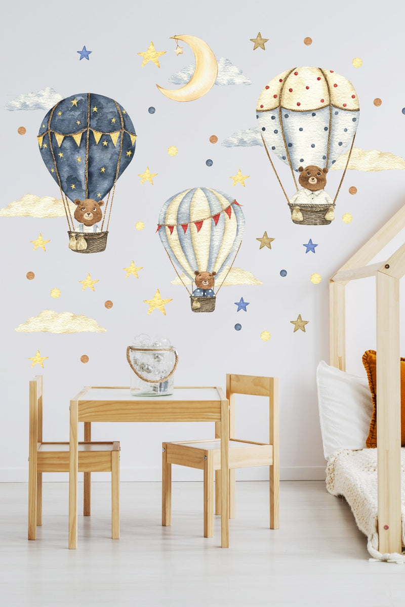 Ayıcıklı Hava Balonları Uçan Balon Çocuk Odası Duvar Sticker Seti - Sim728