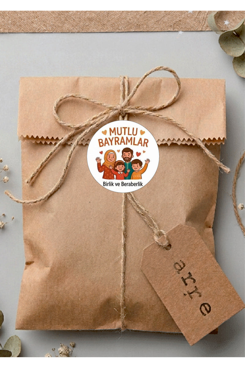 Mutlu Bayramlar yazılı, Paketleme Kutularına Özel Tasarım Etiketler 4 cm Çapında 15 Adet Etiket