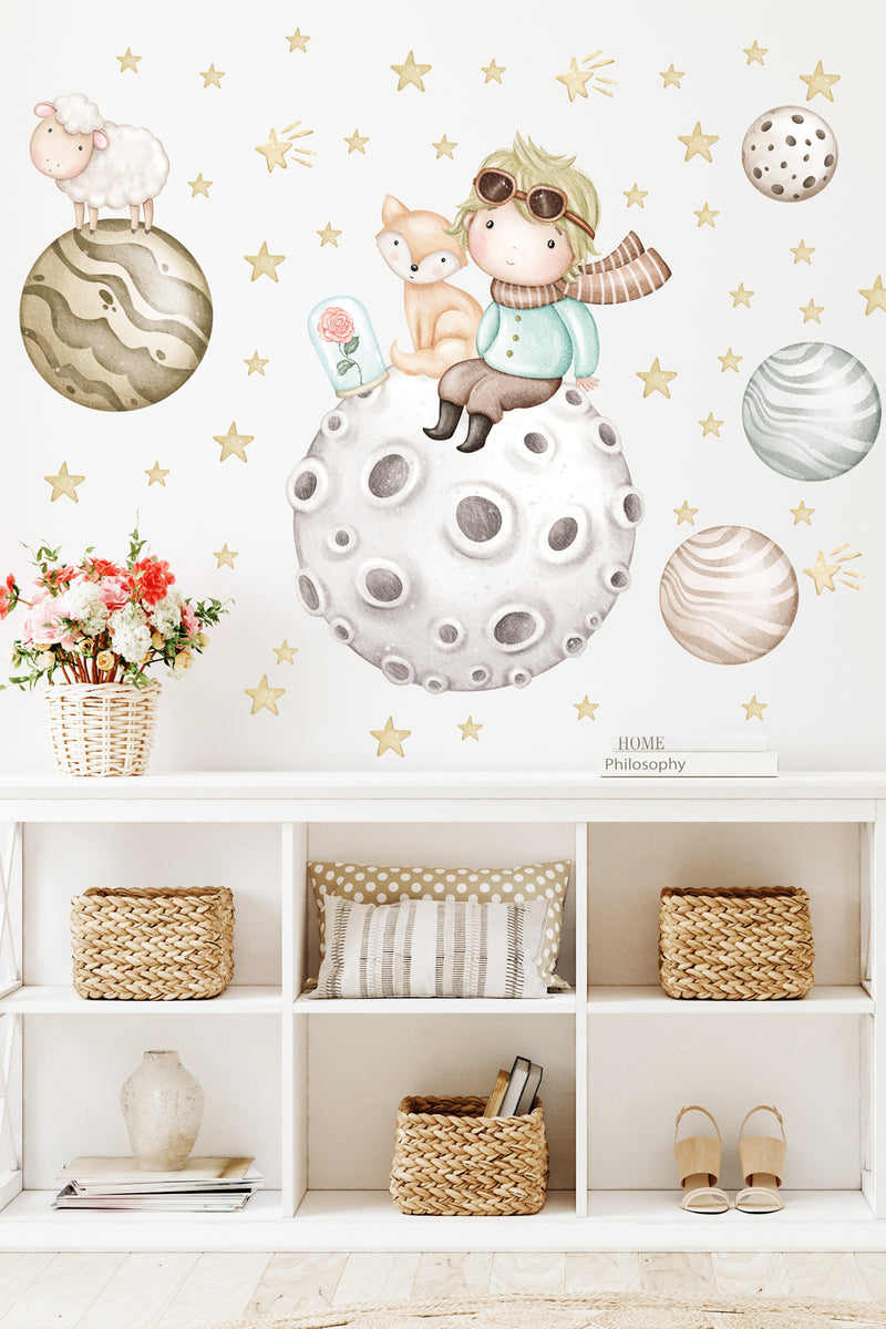 Pastel Retro Bir Küçük Prens Masalı Çocuk Odası Duvar Sticker Seti