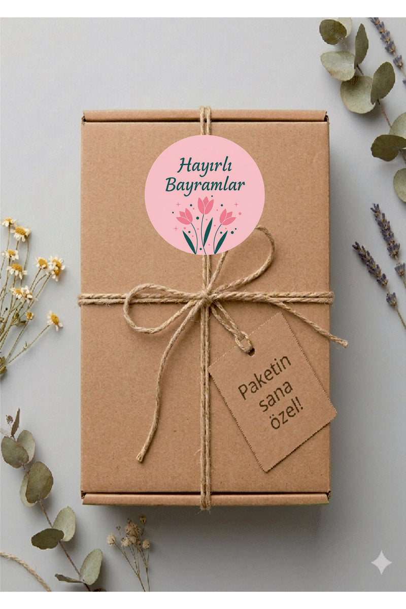 Hayırlı Bayramlar yazılı, Paketleme Kutularına Özel Tasarım Etiketler 4 cm Çapında 15 Adet Etiket
