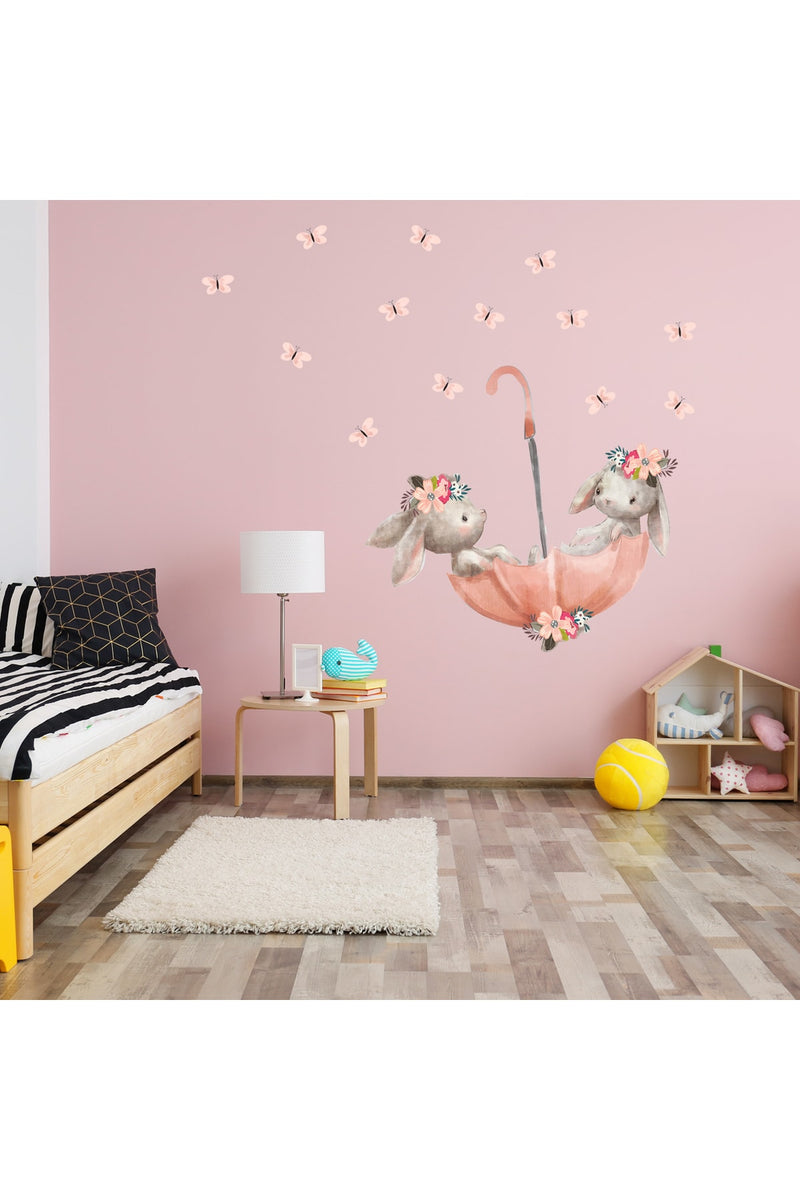 Pembe Şemsiyeli Sevimli Tavşanlar Duvar Sticker Seti