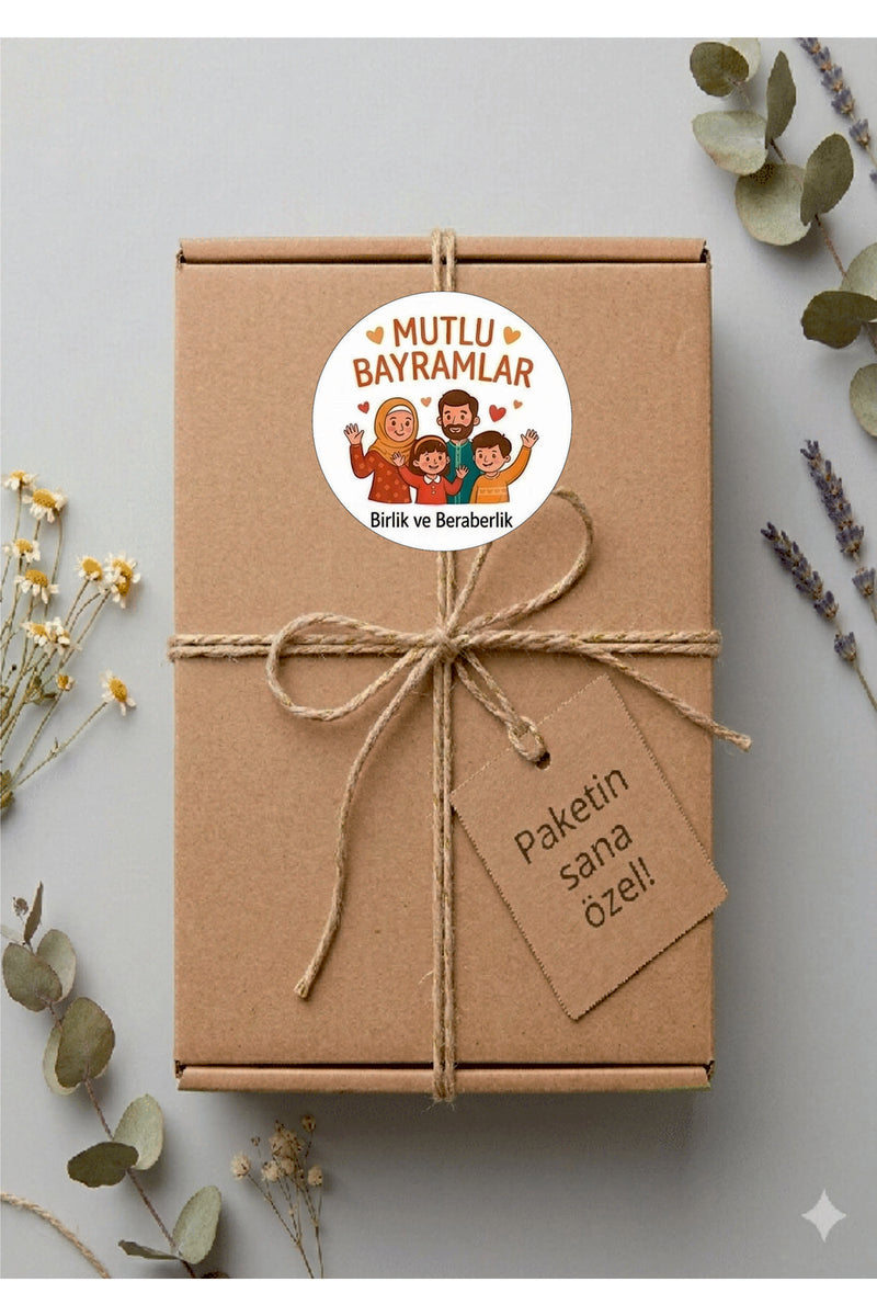 Mutlu Bayramlar yazılı, Paketleme Kutularına Özel Tasarım Etiketler 4 cm Çapında 15 Adet Etiket