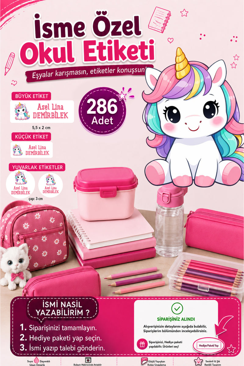 Unicorn Okul Etiketi Kalem Defter Etiketi Özel İsim Yazılabilen Etiket 286 Adet İsim Etiketi