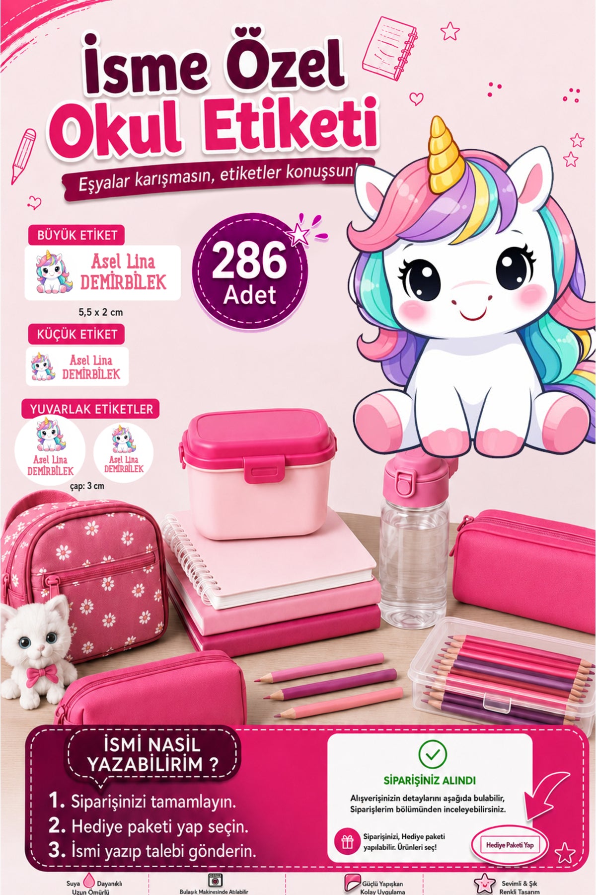 Unicorn Okul Etiketi Kalem Defter Etiketi Özel İsim Yazılabilen Etiket 286 Adet İsim Etiketi