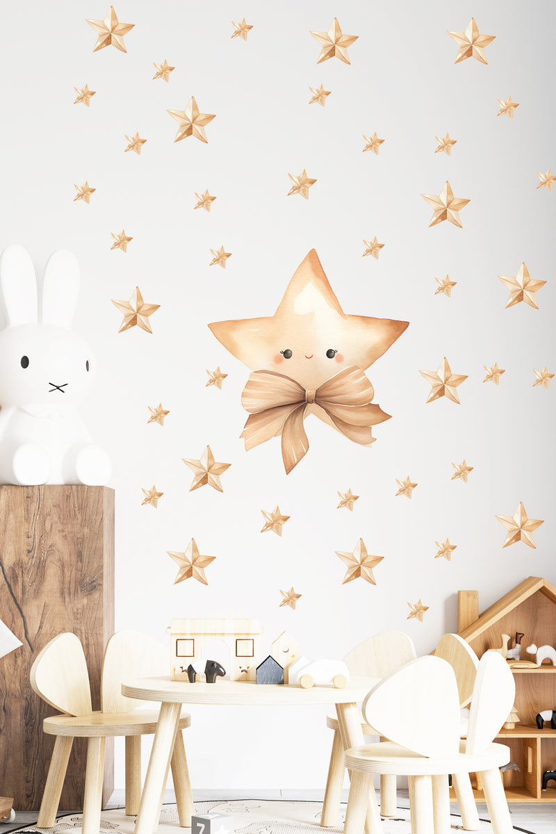 -Papyonlu Yıldız Boho Tarz Suluboya Yıldızlar Bebek Odası Duvar Sticker Seti