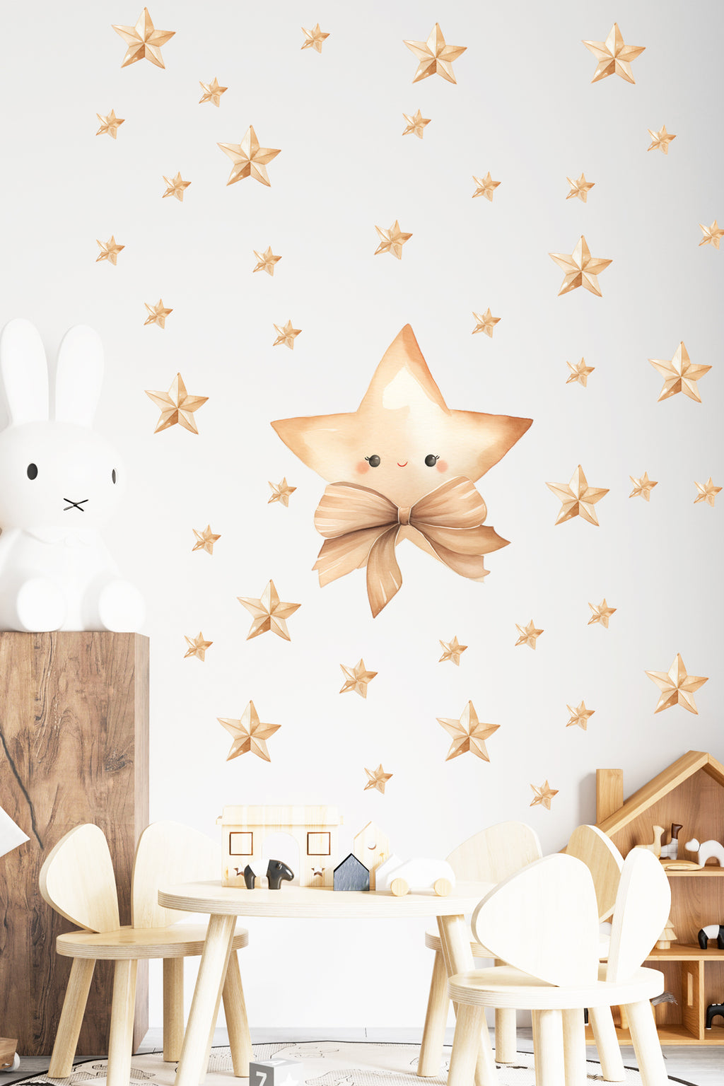 -Papyonlu Yıldız Boho Tarz Suluboya Yıldızlar Bebek Odası Duvar Sticker Seti