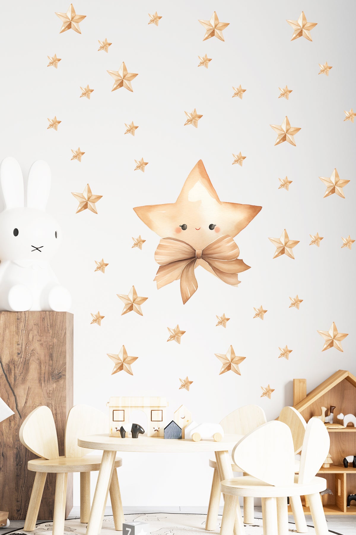-Papyonlu Yıldız Boho Tarz Suluboya Yıldızlar Bebek Odası Duvar Sticker Seti