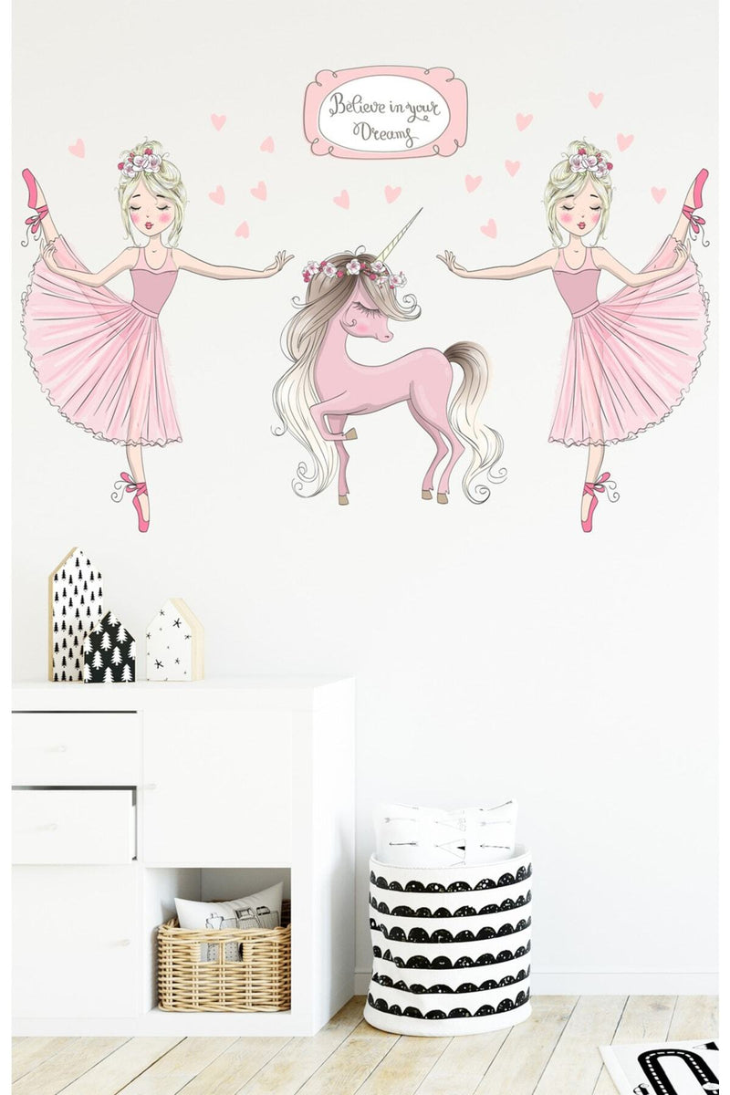 Ikili Balerin Ve Unicorn Çocuk Odası Duvar Sticker Renkli