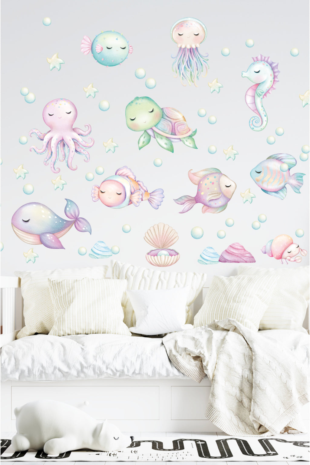 Pastel Rengarenk Okyanus Yaşamı Sevimli Balıklar Bebek Çocuk Odası Duvar Sticker Seti