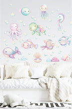 Pastel Rengarenk Okyanus Yaşamı Sevimli Balıklar Bebek Çocuk Odası Duvar Sticker Seti