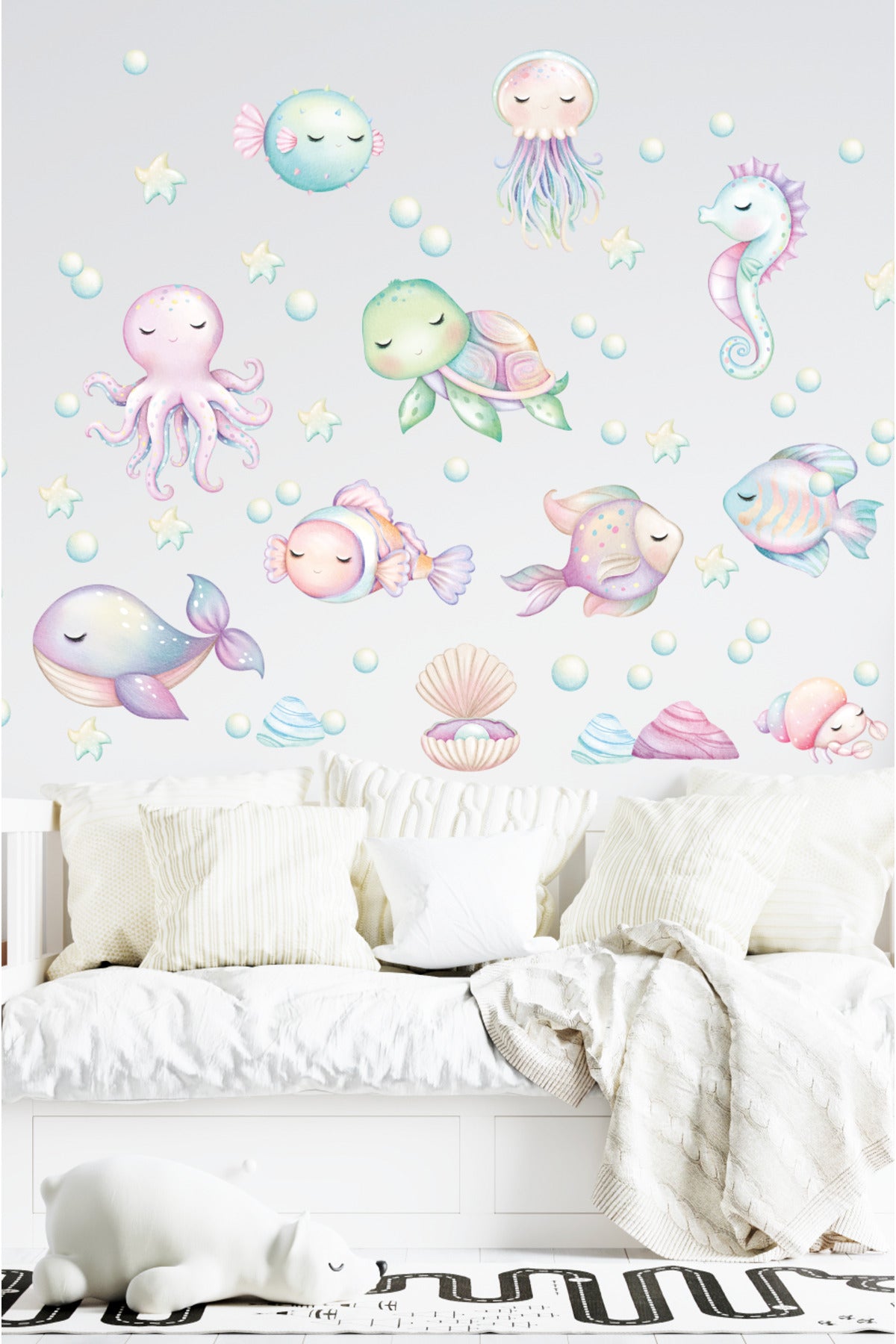 Pastel Rengarenk Okyanus Yaşamı Sevimli Balıklar Bebek Çocuk Odası Duvar Sticker Seti