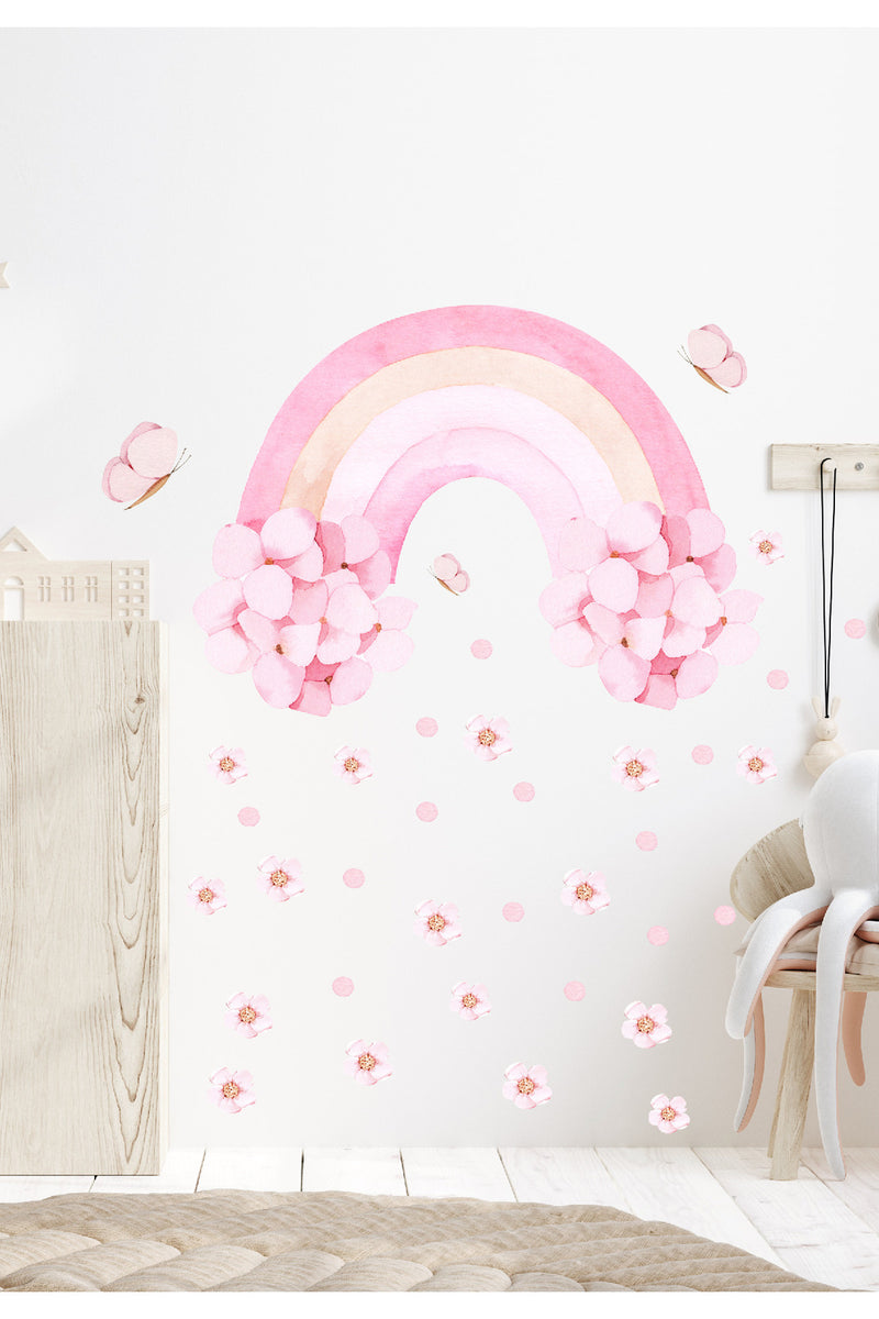 Pembe Çiçekli Gökkuşağı Çiçekler ve Kelebekler Kız Çocuk Odası Duvar Sticker Seti