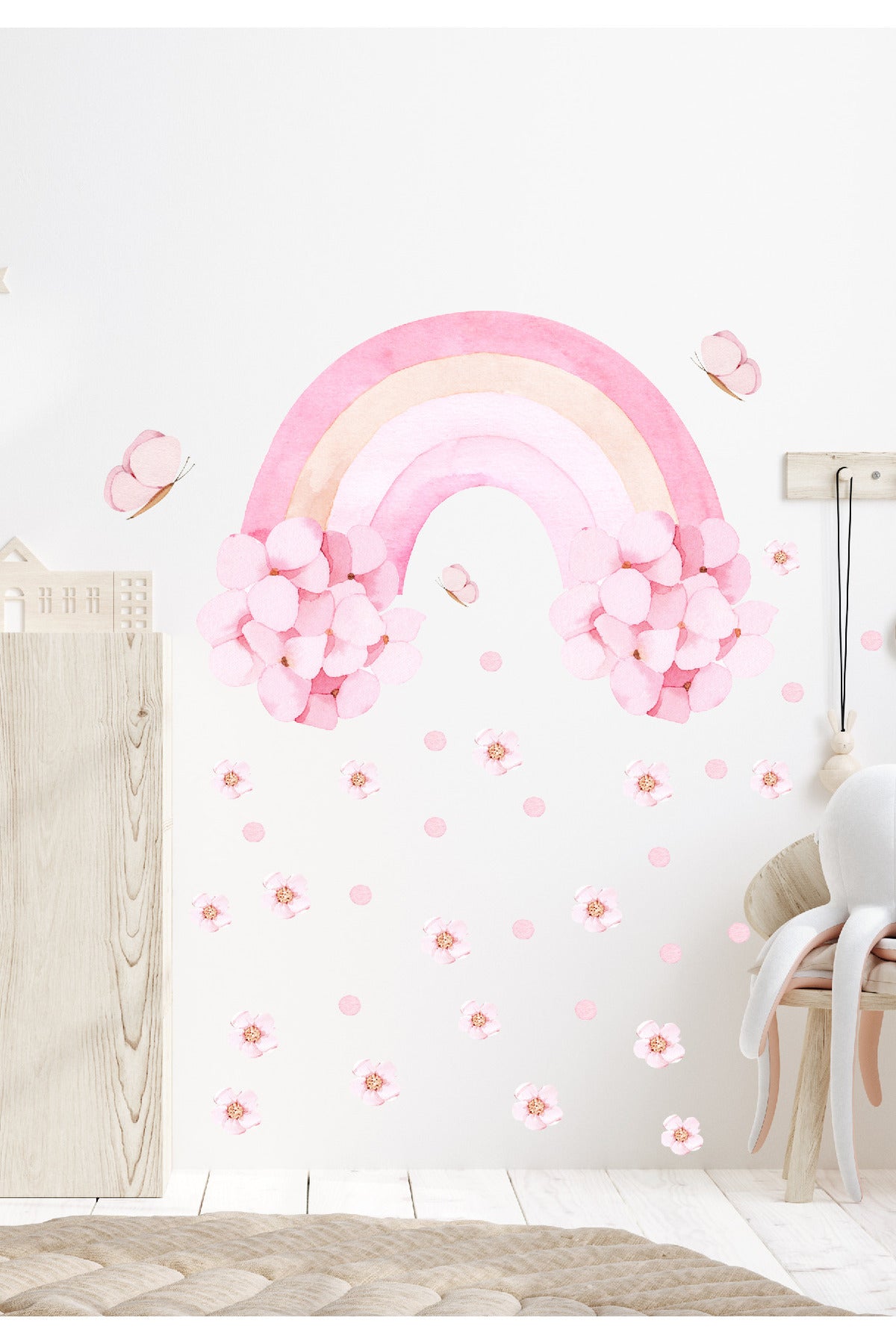 Pembe Çiçekli Gökkuşağı Çiçekler ve Kelebekler Kız Çocuk Odası Duvar Sticker Seti