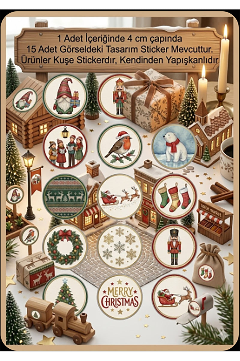 15 farklı model yılbaşı hediye sticker, paketleme üzerine süsleme, 4 cm boyut