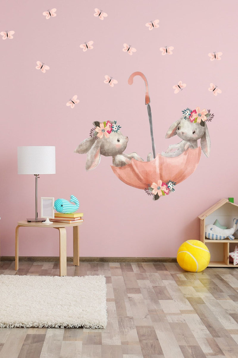 Pembe Şemsiyeli Sevimli Tavşanlar 50 Cm Duvar Sticker Seti