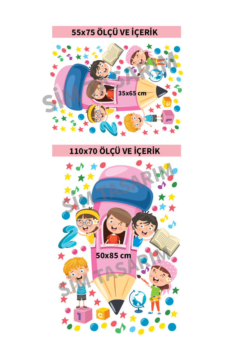 Dev Pembe Kalem Okula Dönüş Anaokulu Kreş Duvar Süsleme Sticker