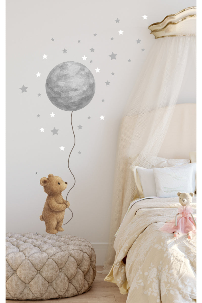 Pastel Balonlu Bebek Ayıcık - Ay ve Yıldızlar Dekoratif Çocuk Odası Duvar Sticker Seti